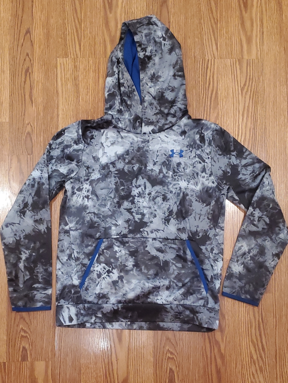 Under Armour Boys Gray And Black Camouflage Hoodie with Blue Accents